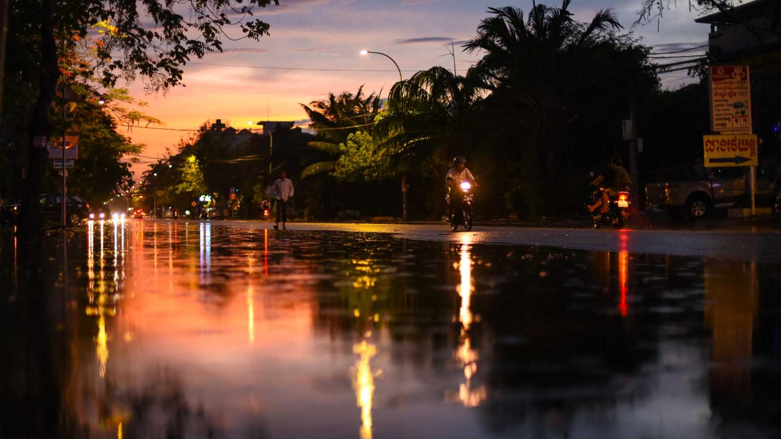 Phnom Penh street during monsoon season. 